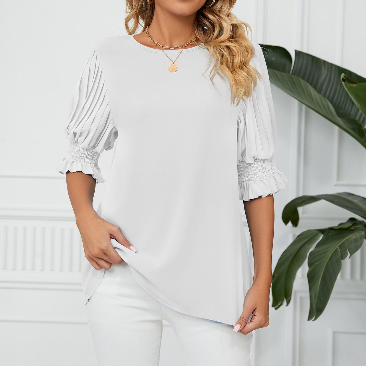 Женский модный однотонный свободный шифоновый топ с круглым вырезом и рюшами и рукавами — фото 8