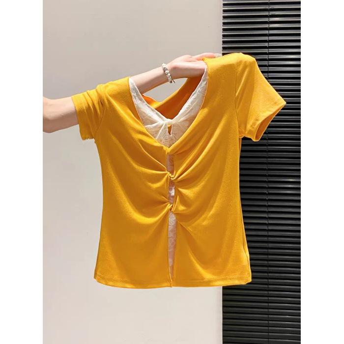 Song Jung-eun black polka dot fake two-piece lace front shoulder short-sleeved T-shirt women's summer Korean slim-fit design top