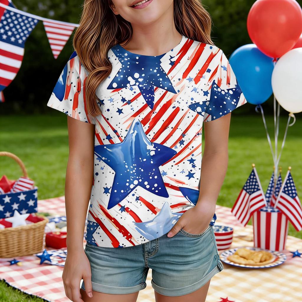 Kids Independence Day Print Round Neck Short Sleeve Casual T-shirt