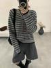 2025 Autumn/Winter Women's Loose Knit V-Neck Sweater - Korean Style Color Block Stripes