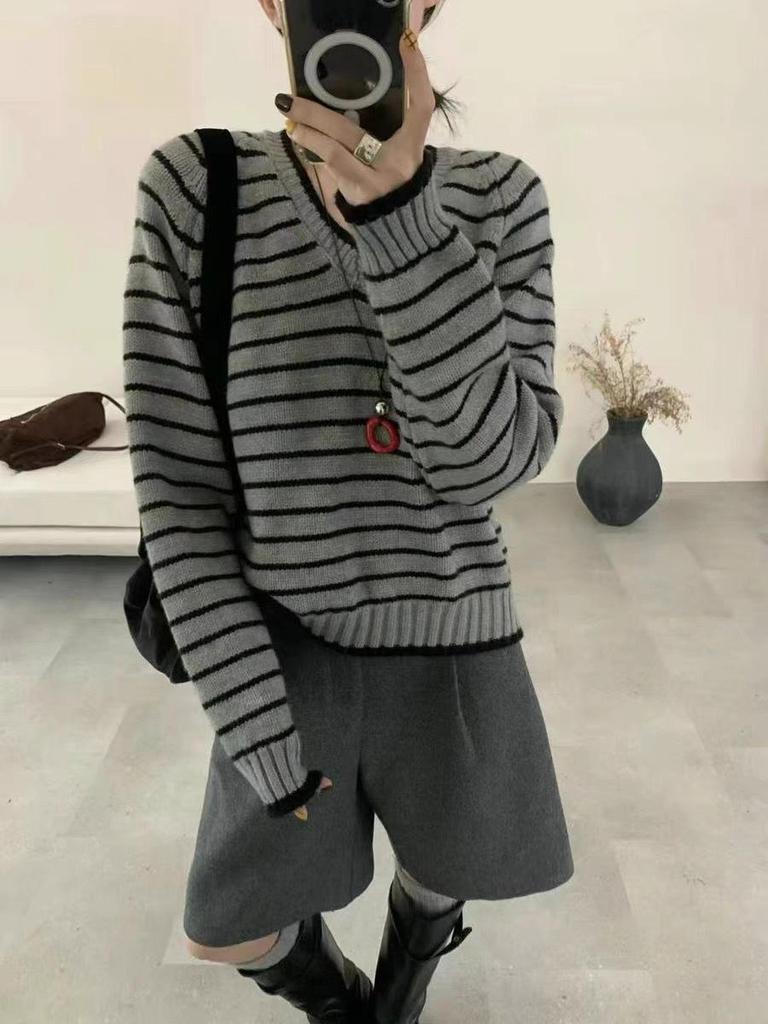 2025 Autumn/Winter Women's Loose Knit V-Neck Sweater - Korean Style Color Block Stripes