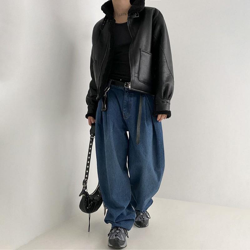 Fur Integrated Stand Collar Motorcycle Leather Jacket for Men In Winter Korean Style Loose Retro Jacket Thickened Cotton Coat