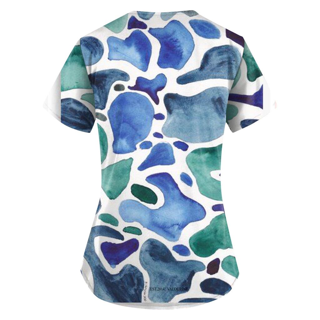 Fashion V-neck Women's Short Sleeved Work Clothes With Pocket Printed Loose Top