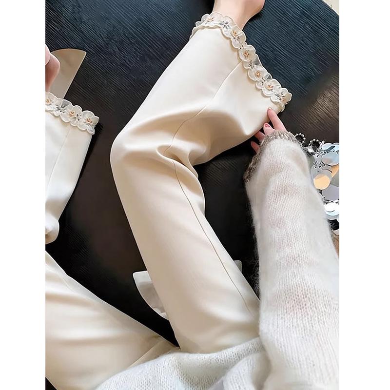 2026 European Niche Lace Slimming Beige Micro-Flare Women s Pants for Spring XX-Large