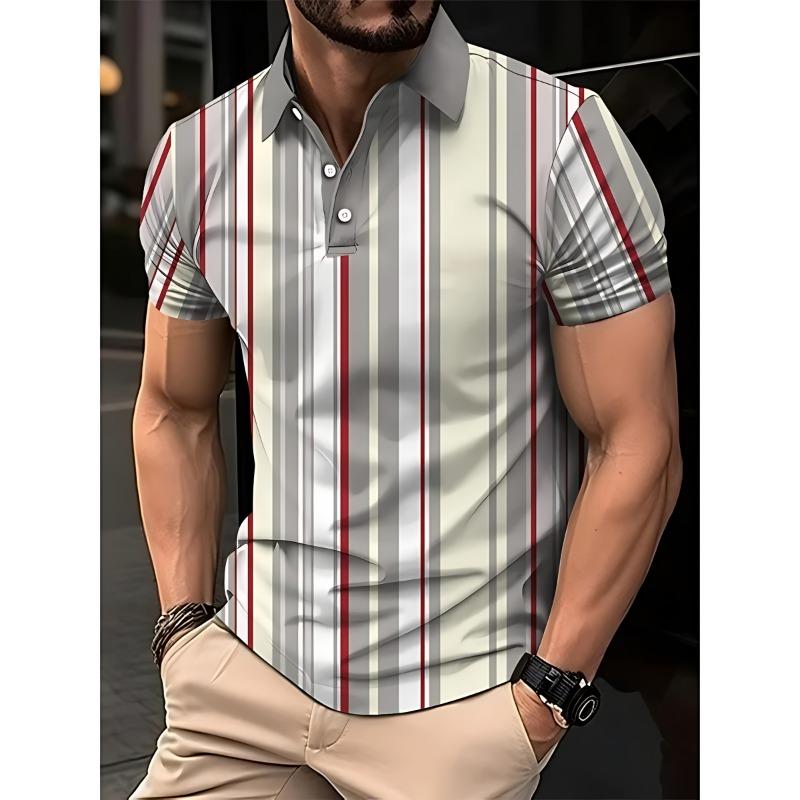 2026 Summer Men's Polo Shirt with Stripes Print Breathable Lightweight Casual Fashionable Outdoor Men's Clothing