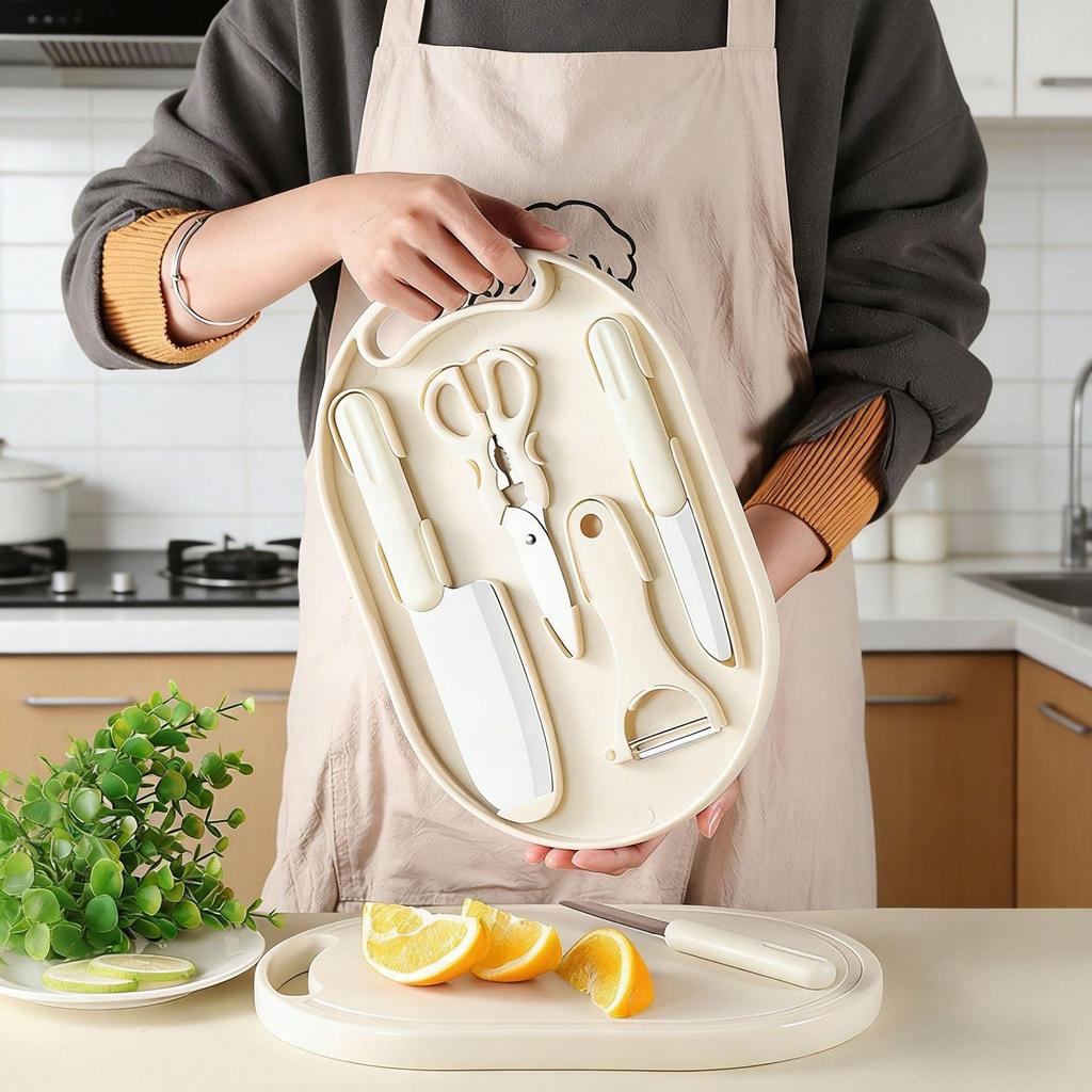 Stainless Steel Kitchen Knife Set with Cutting Board and Storage, Ideal for Baby Food and Dormitory Use