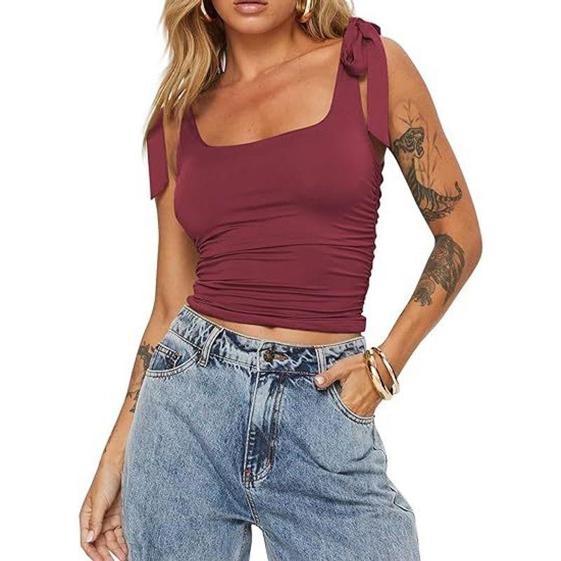 

Solid Color Square Neck Sleeveless Top Pure Color Square Collar Lace up Sleeveless Tops Women Wine Red 23 XL