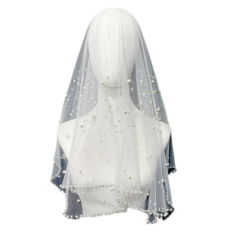 Wedding Veil Beaded Studded Pearls Encrusted Veil Bride Hair Accessoies Sheer
