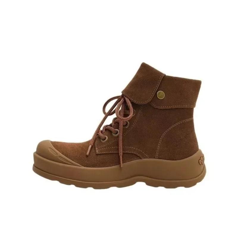 2024 Shoes Female Lace Up Women Boots Winter Round Toe Suede Solid Short Barrel Low Heels Female Boots Zapatos De Mujer