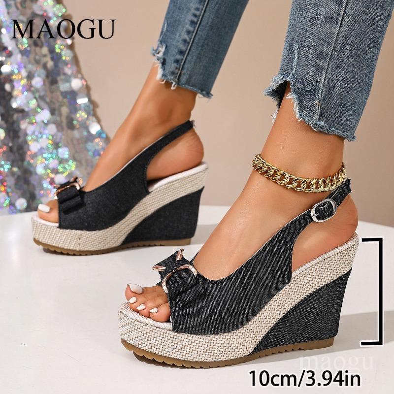 Peep Toe Bow-Knot Slingback Sandals Espadrille Platform Wedges Breathable Denim Sandals Ankle Strap Casual Summer Shoes Woman