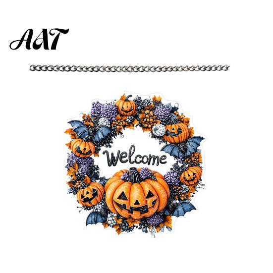 Halloween Decoration for Front Porch Pumpkin Pendant with Hanging Chain Waterproof Acrylic Welcome Spooky Plaque Sign Door Window Wall Indoor Outdoor