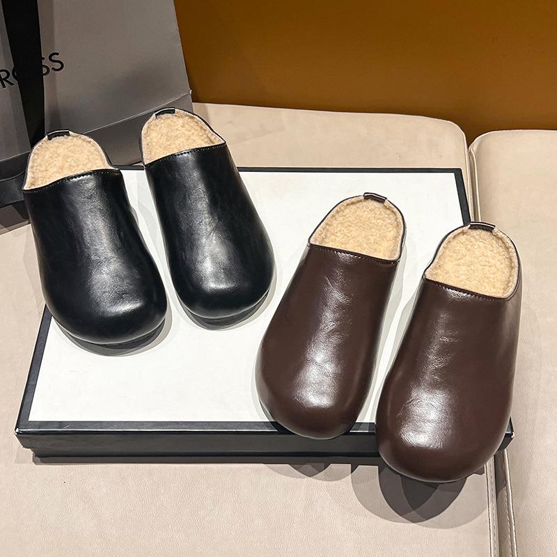 Autumn and winter platform slippers, one pedal, versatile bag head and half slippers, women's shoes wear velvet Boken shoes