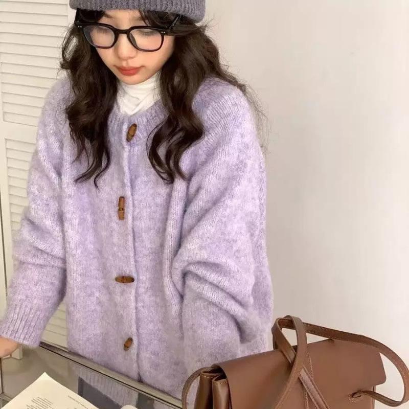 Soft Style Round Neck Horn Button Knit Cardigan Women Autumn Winter Loose Versatile Sweater Coat