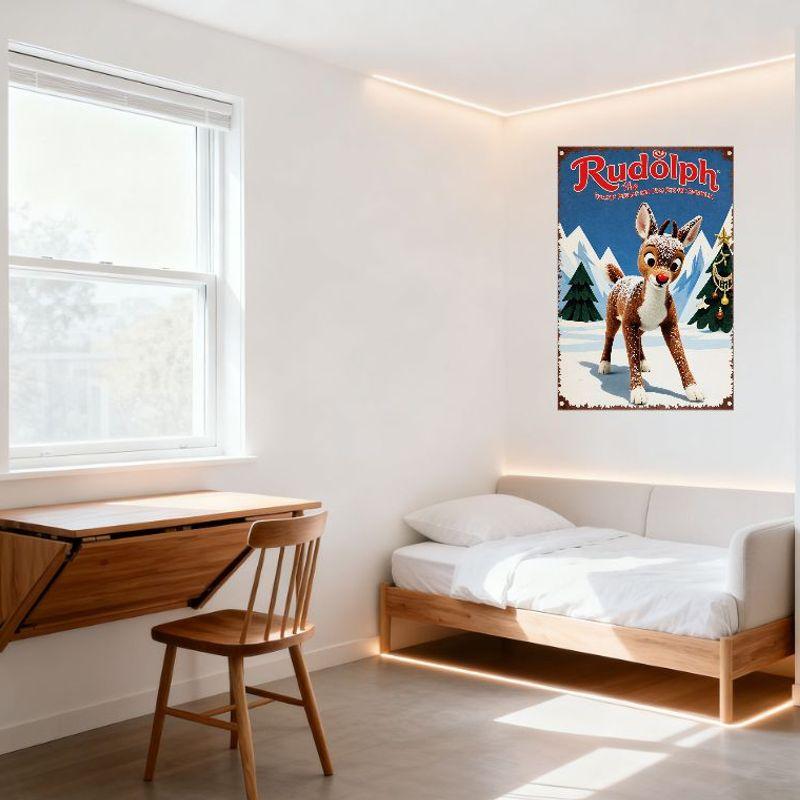 Rudolph the Red-Nosed Reindeer Metal Tin Sign Vintage Christmas Wall Decor Snowy Landscape Evergreen Trees Decoration for Home B