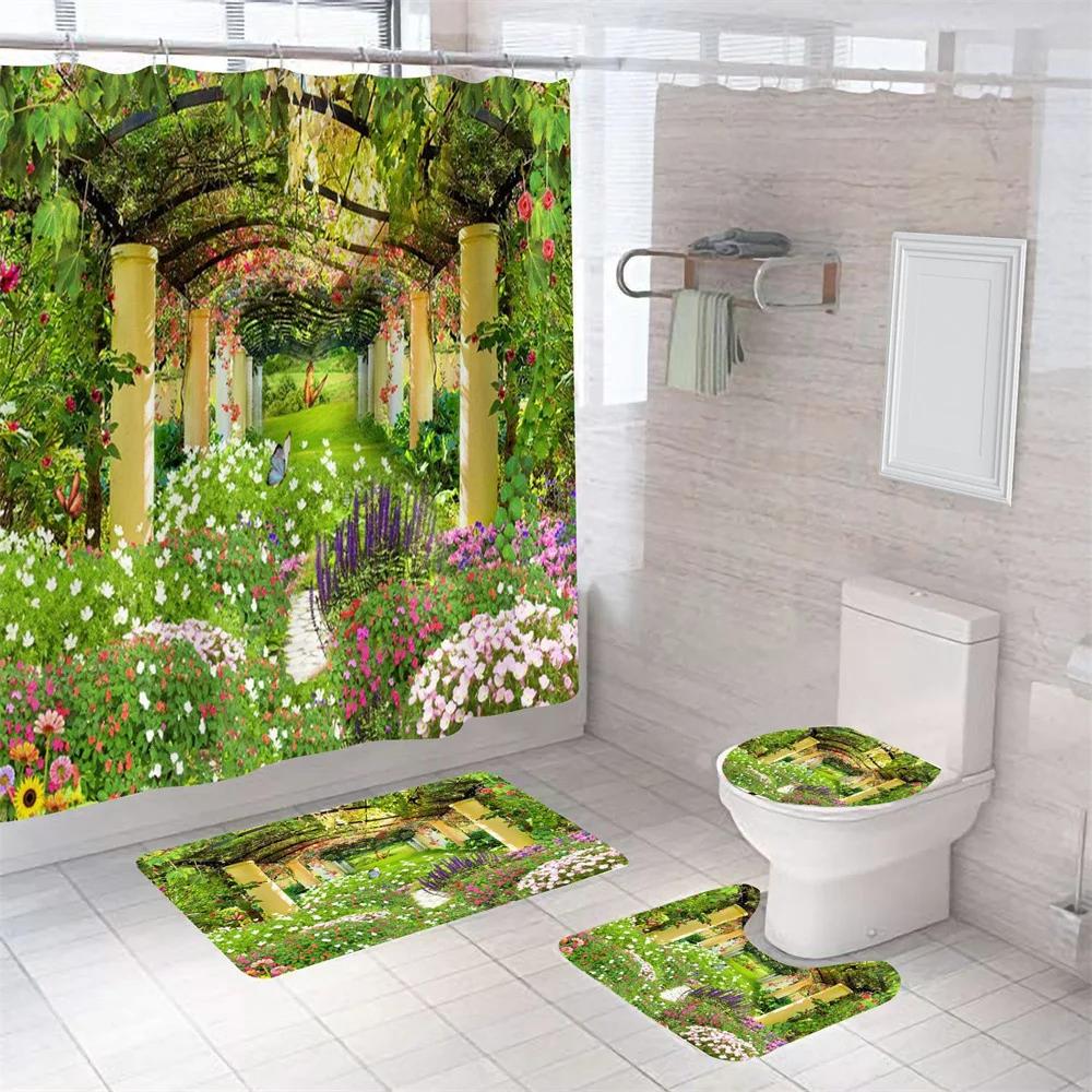Nature Scenery Shower Curtain Set Green Forest Mountain River Landscape Bathroom Shower Curtain Waterproof Fabric Bathroom Sets