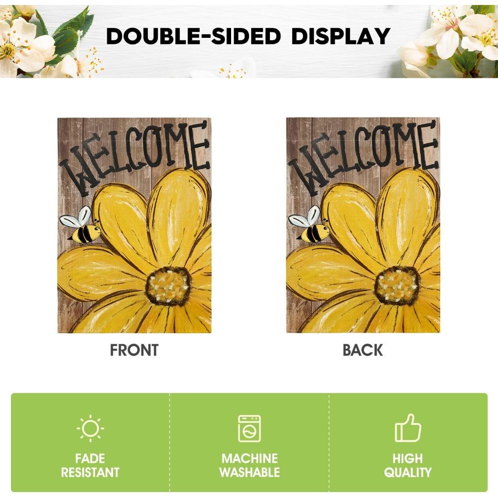 2pcs Bee Sunflower Spring Summer Garden Flag 12x18 Inch Double Sided Outside Welcome Wood Grain Yard Outdoor Flag