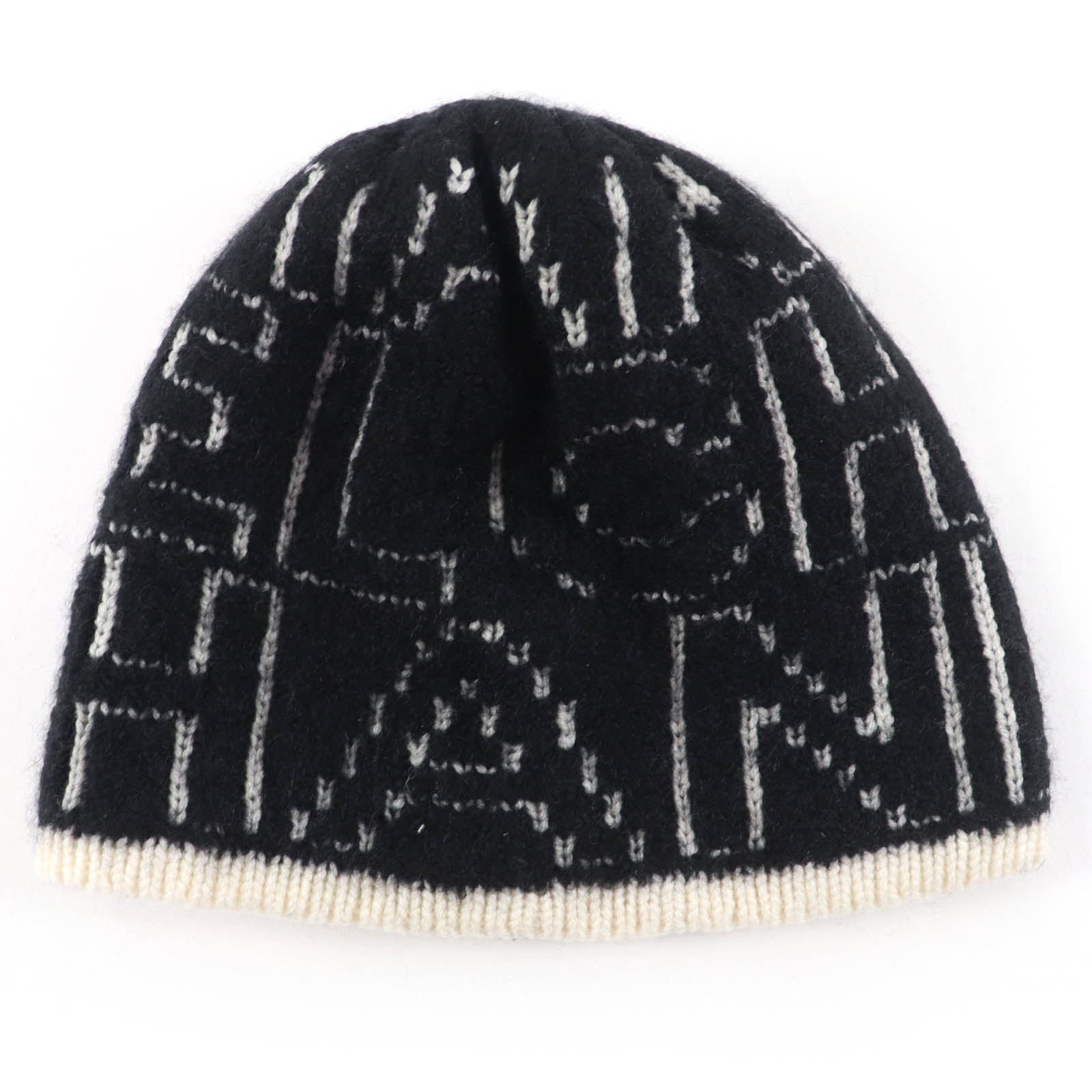 

Great CHANEL Knit cap Silk blend all-over logo design beanie Black cashmere 21K Used