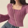 Women's Soft Mink Velvet Square Neck Sweater - Korean Style, Slim Fit, Short Knitwear for Autumn and Winter