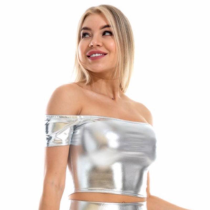 

Женские рубашки больших размеров с коротким рукавом металлического лазерного цвета, укороченные топы с вырезом лодочкой, клубная одежда, уличная одежда XXL серебряный