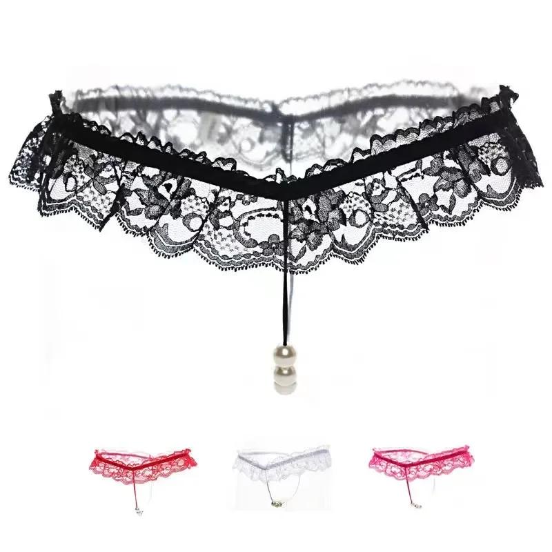 Lingeries Sexy G-String Women's Thongs Sexy Pearl Beaded Underwear for Women Low Waist T Shaped Crotchless Woman Lace Lingerie