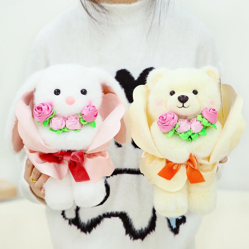 Themed Rose Floral Rabbit Stuffed Toy With Soft Short Fur For Romantic Gift