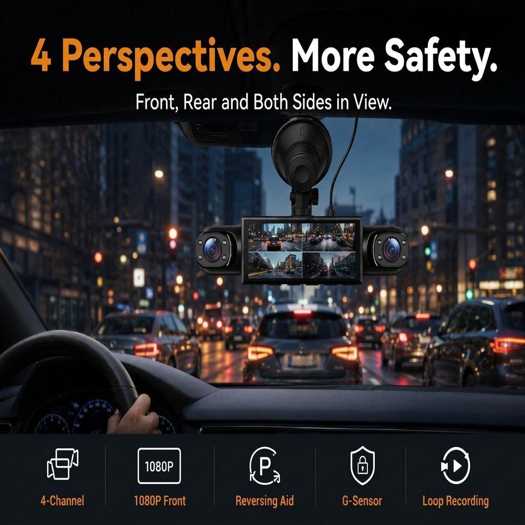 4-Channel Dash Cam 1080P 360° Full View, Car Driving Recorder with App 64GB Card