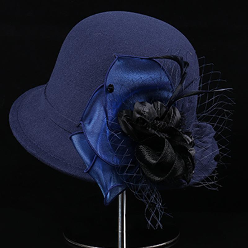 Autumn and winter new feather flower woolen top hat women's British retro casual bucket hat fashion mesh small brim basin hat