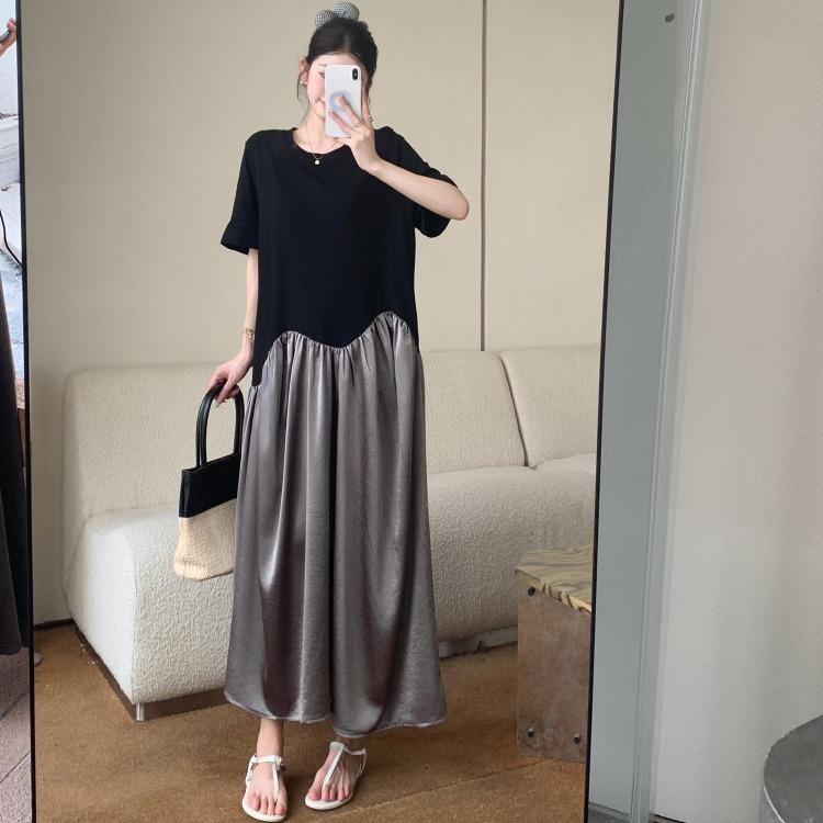 Women Summer Plus Size Dress Casual Vintage Oversized Basic Long Loose Spliced O Neck Dress