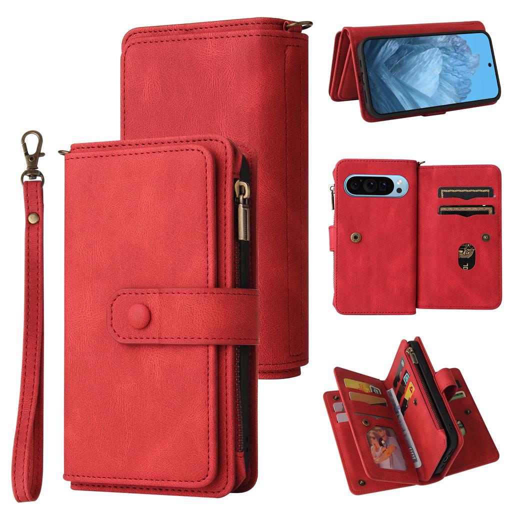 For Google Pixel 10 Pro/Google Pixel 9/Google Pixel 9 Pro/Google Pixel 10 Zipper Wallet Case with 15 Card Slots and Strap Leather Phone Cover
