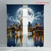 Abstract Full Moon Night Sky City Skyline Curtains Window Tapestry Decor Luxury Blue Polyester Curtain