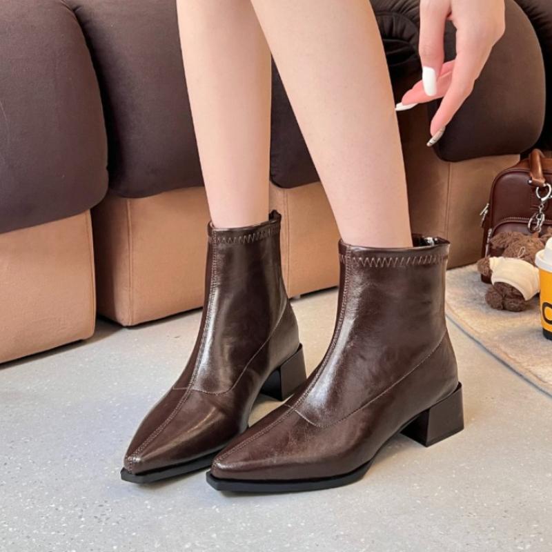 Vintage Pointed Toe Thick Heel Women Ankle Boots Female Concise Slim Short Booties Spring Autumn Concise Zapatos De Mujer