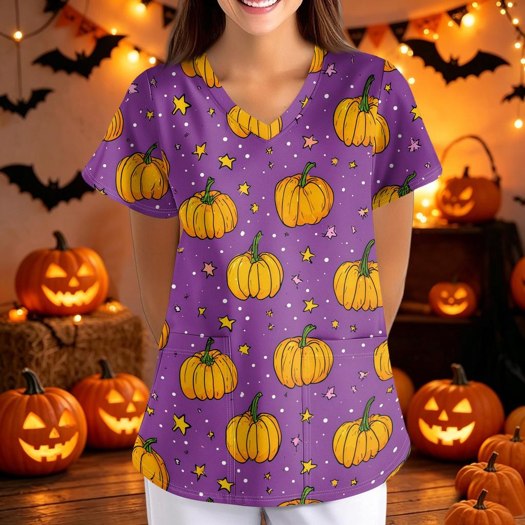 Womens Halloween Print Loose Fit V Neck Short Sleeve Medical Scrub Top Nurse Uniform with Pockets Lightweight Comfortable Workwear