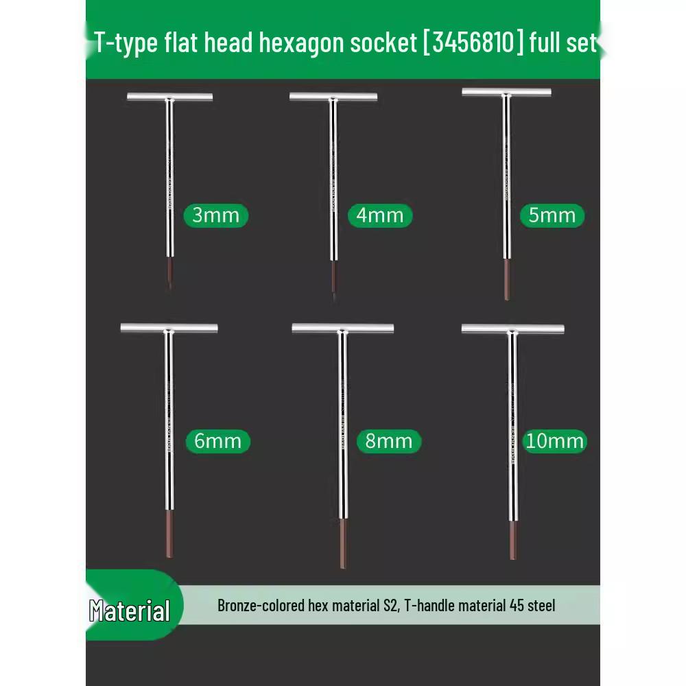 T-Type Extended Hex Wrench Set: Super Hard Steel Beveled Hex Tool, Sizes 3, 4, 5, 6