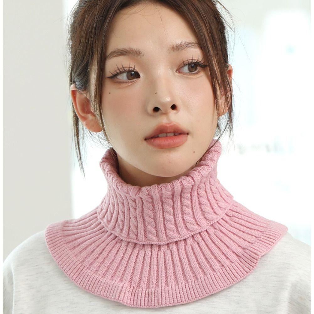 Ribbed Knitted Bib Solid Color Wraps Wool Scarf Detachable Turtleneck Fake Collar  Women