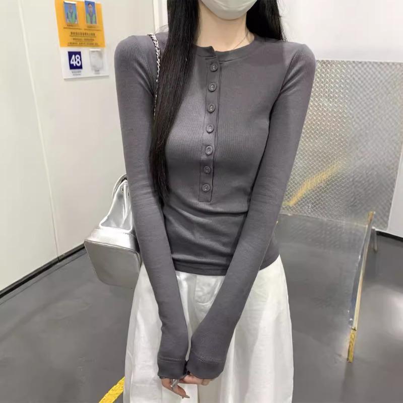 Spring Front Shoulder Long-sleeved T-shirt Women's Single-breasted Slim-fit Spice Girl Style Top Versatile Bottoming Shirt