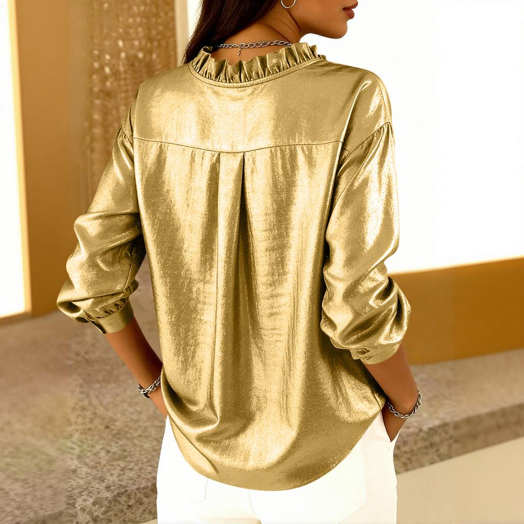 Women's Casual Leaf-shaped V-neck Loose-fitting Long-sleeved -color Blouse Shirt