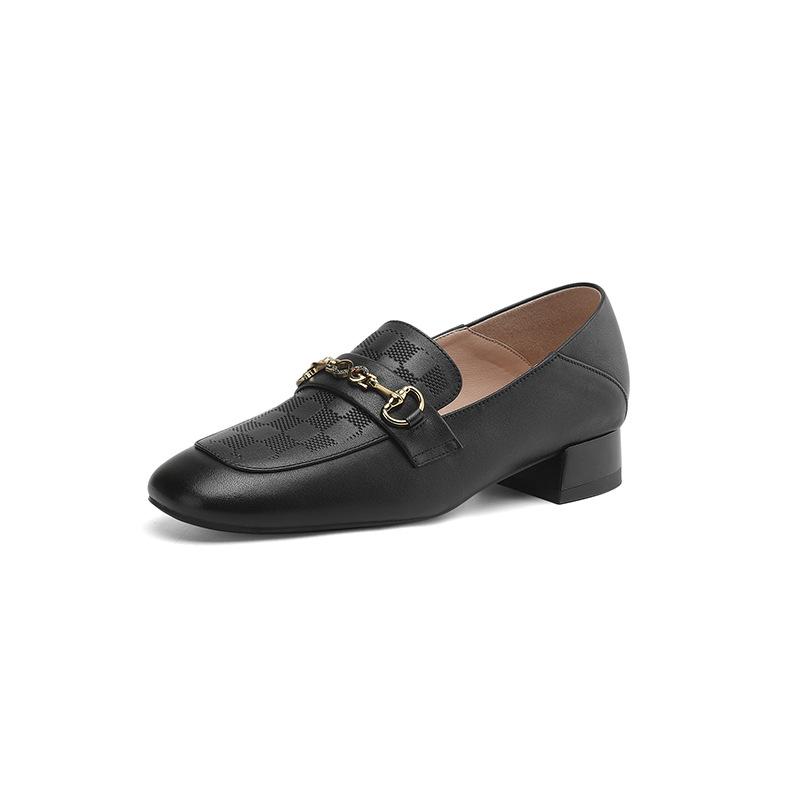 2025 Korean version square head mid-heel metal fasteners low-top women's shoes lazy two-wear women's shoes leather four-season shoes new products
