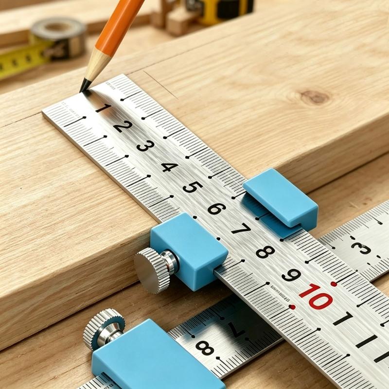 Woodworking Ruler Marking Guide with Thumb Lock Block and Steel Ruler for Repeat Line Layout and Furniture Drafting