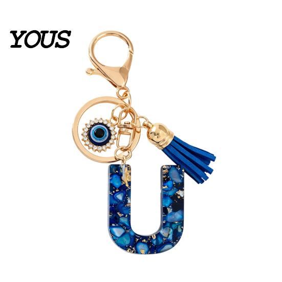 Blue Series Keychain Pendant Pendant, Initial Letter Charm Key Chain with Eyes Portable Organizer Tassel Design, A-Z Holder for Bags Backpacks