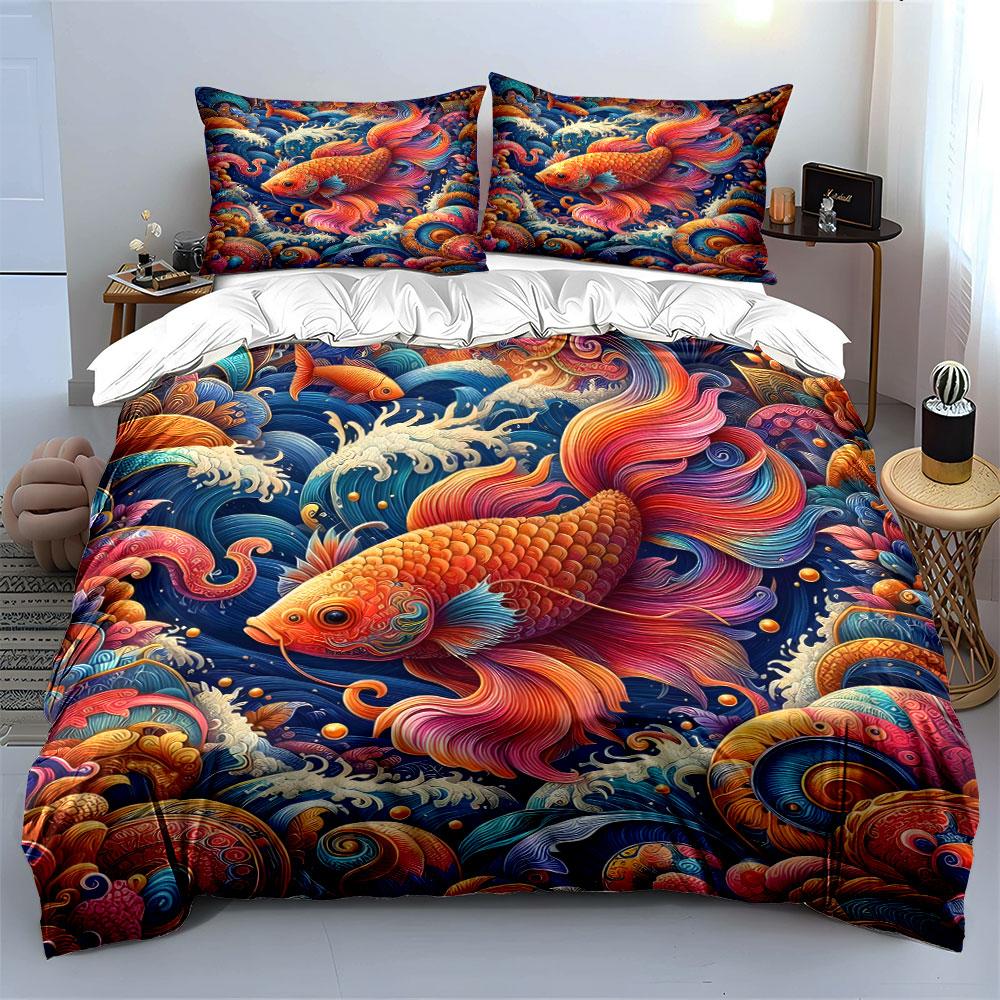 Colorful Fish Art Trio Decor 3Pc Multiple Sizes Kid'S And Adults' Bedroom Exquisite 3Pc Bedding Set, Gift