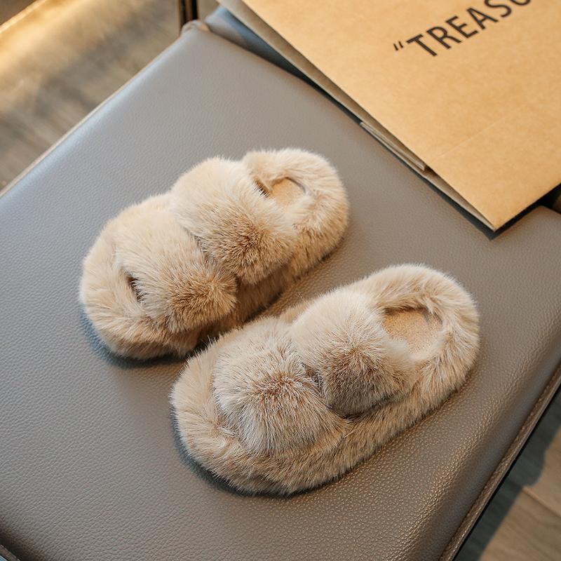 New Children Plush Shoes for Girls Korean Style Thick Sole Parent-child Plush Slippers Korean Style Versatile Cute Princess Flat