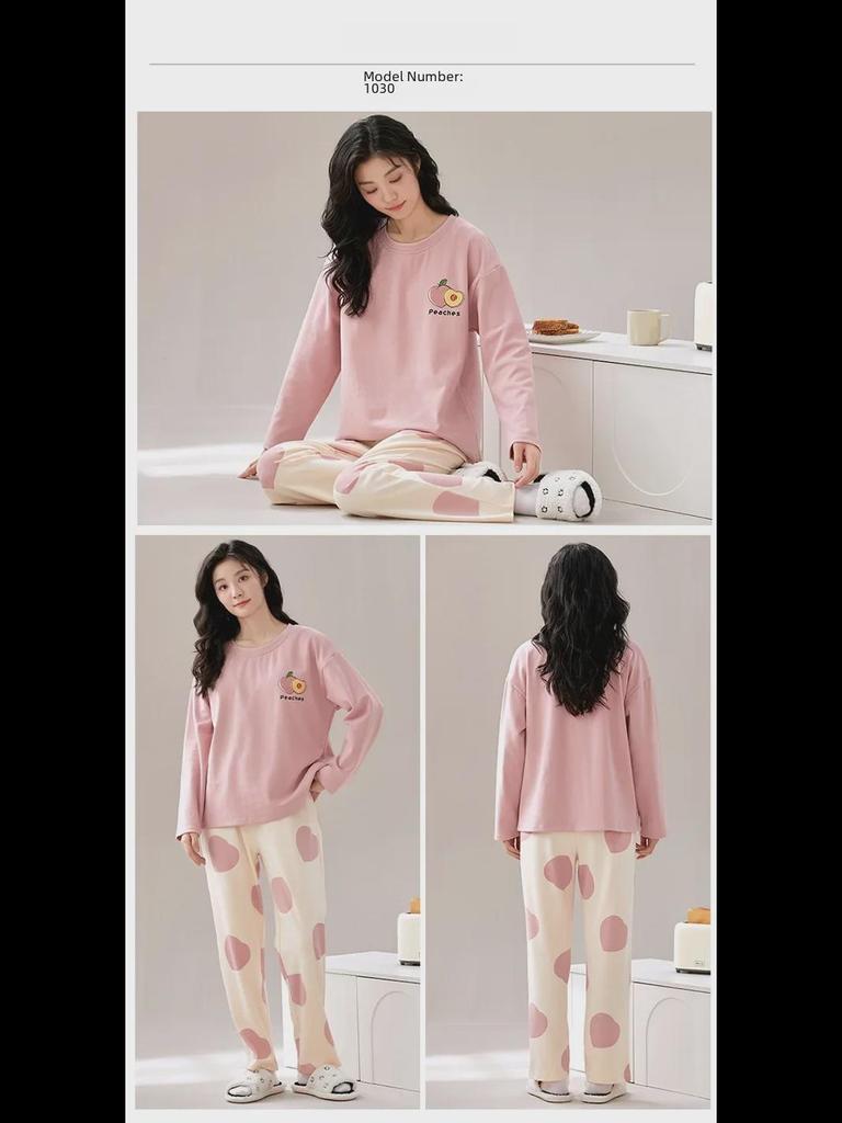 Women's Cartoon Long-Sleeve Pajamas with Chest Pads - Lightweight Home Loungewear for Autumn and Spring