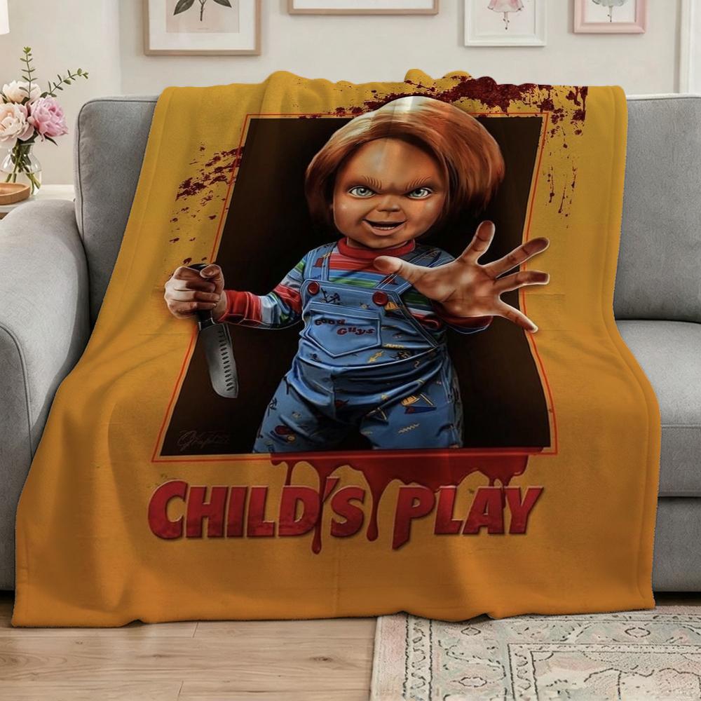 Good Guys Classic Horror Doll Pattern Theme Flannel Blanket Warm Comfortable Fleece Blanket For Office Sofa Party Decor Halloween Gift