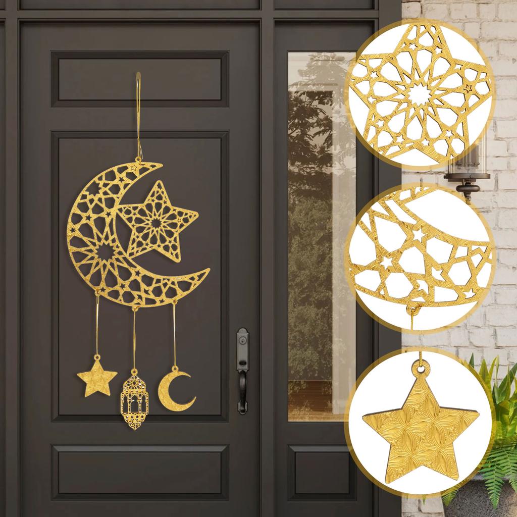 2Pcs Wooden Gold Tone Hollow Star Moon Door Sign for Banquet Theme Party Classic Moon Hanging Decorations With Rope