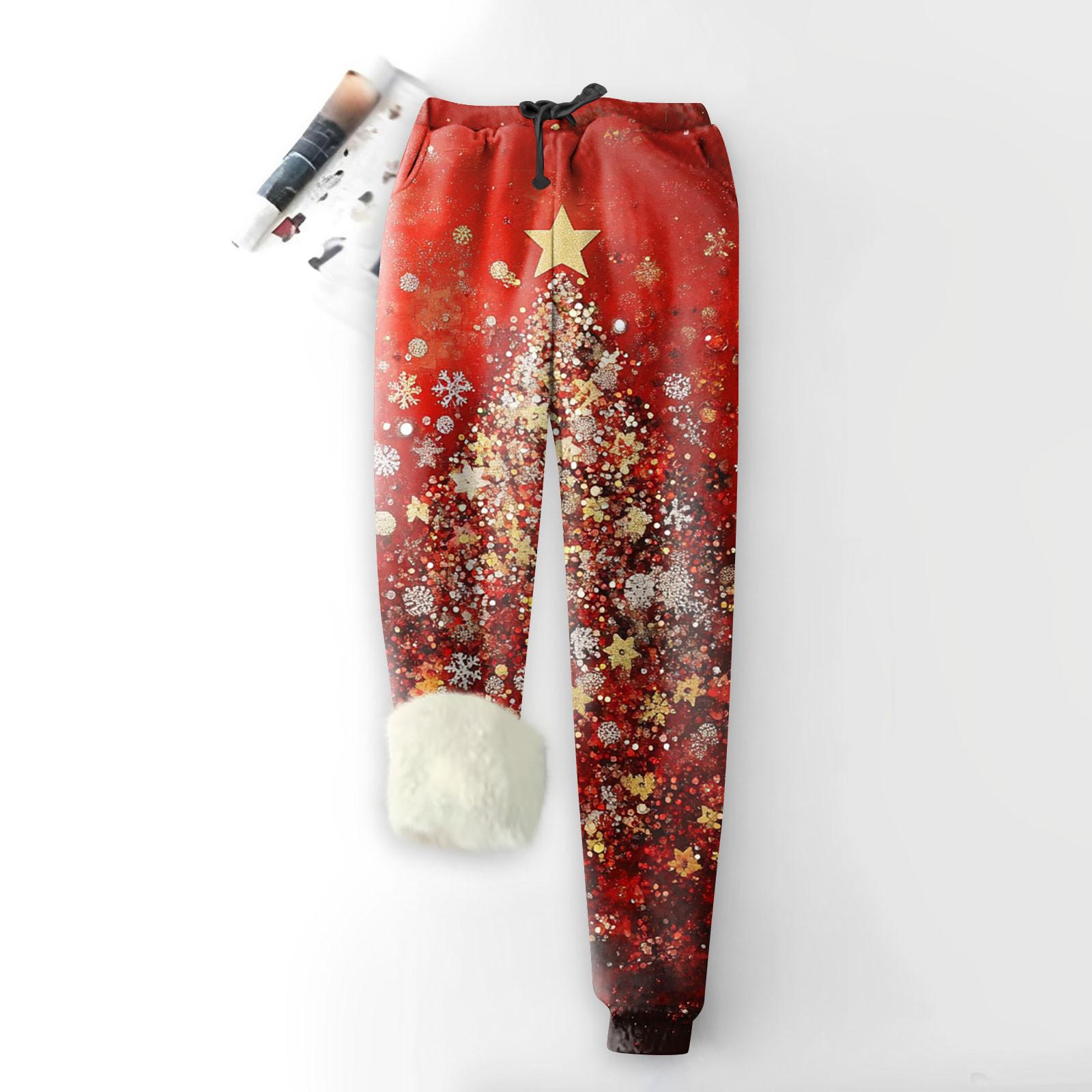 

Женские модные рождественские спортивные свободные утолщенные теплые флисовые брюки с принтом XXXL красный