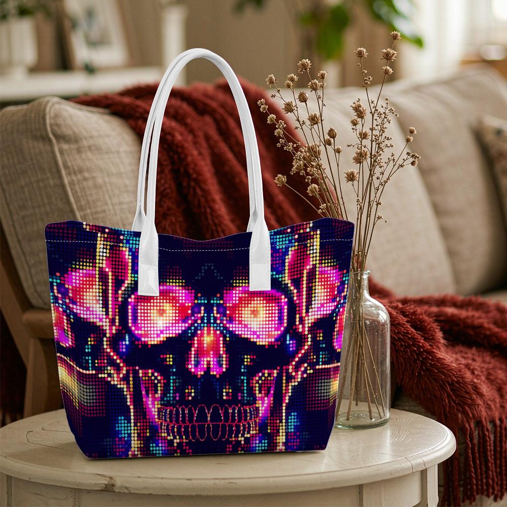 Trendy Skull Printed Large Tote Bag Fashion Casual Lightweight Shopping Handbag for Daily Outings