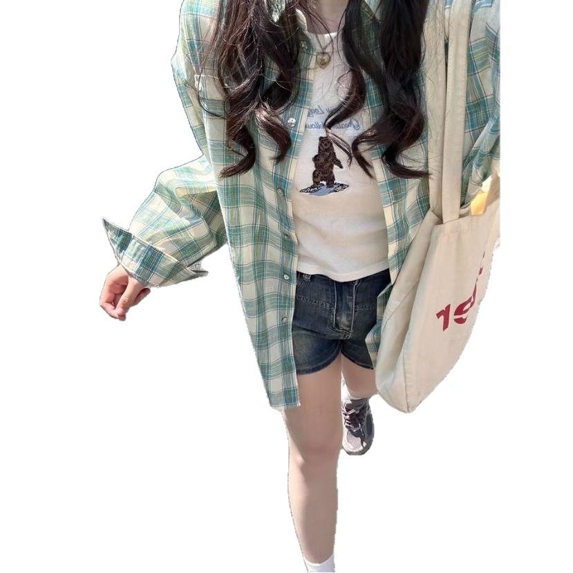 Korean Style Women's Plaid Blouse - Spring/Summer Casual Loose Fit with Sun Protection