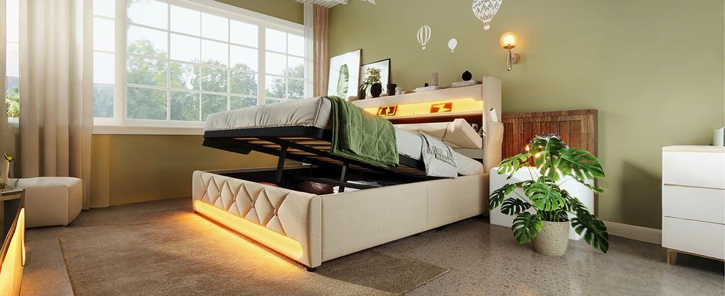 Upholstered Double Bed 140*190, Headboard USB & Type C Port, 360 Surround LED Around Head & Foot, Hydraulic Storage, Beige, Linen(without Mattress)