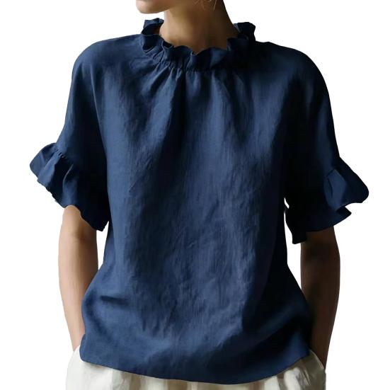 Damen Oberteile Einfarbige Lockere Passform Sommerbluse Rundhalsausschnitt Kurze Ärmel Rüschen-Patchwork-Design Pullover Oberteile Tägliche Kleidung