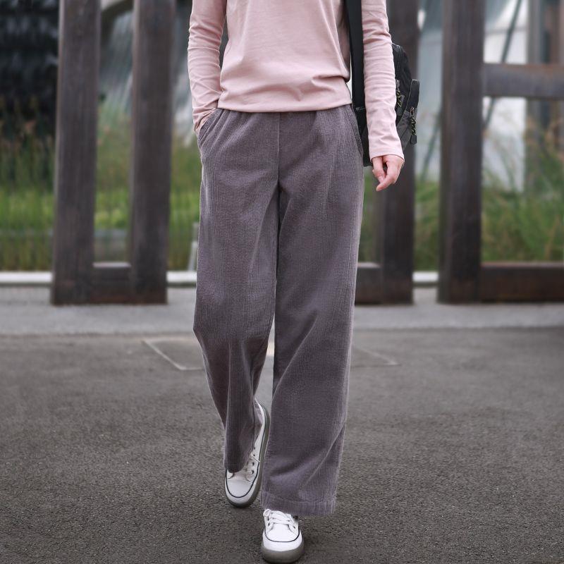 2025 Women's High Waist Straight-Leg Corduroy Pants: Versatile, Casual, Loose-Fit Woolen Pleated Solid Color Long Pants
